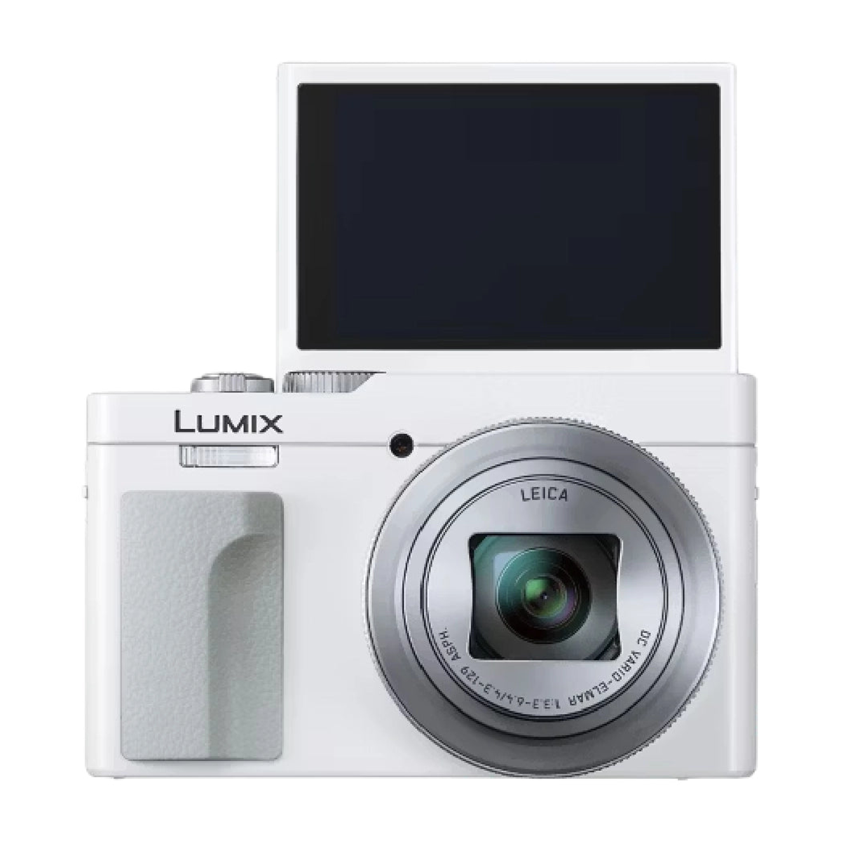 Biały aparat kompaktowy Lumix z obiektywem Leica i odchylanym ekranem.