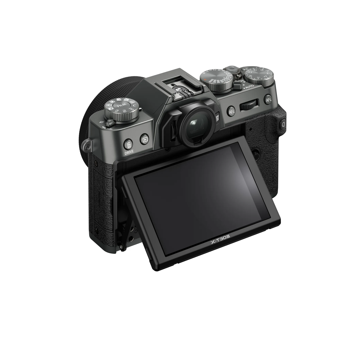 Eine graue und schwarze spiegellose Kamera mit aufklappbarem LCD-Bildschirm.