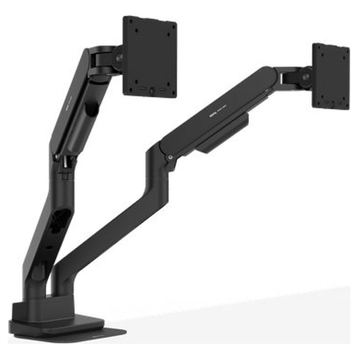 A black dual monitor arm with adjustable arms against a white background.