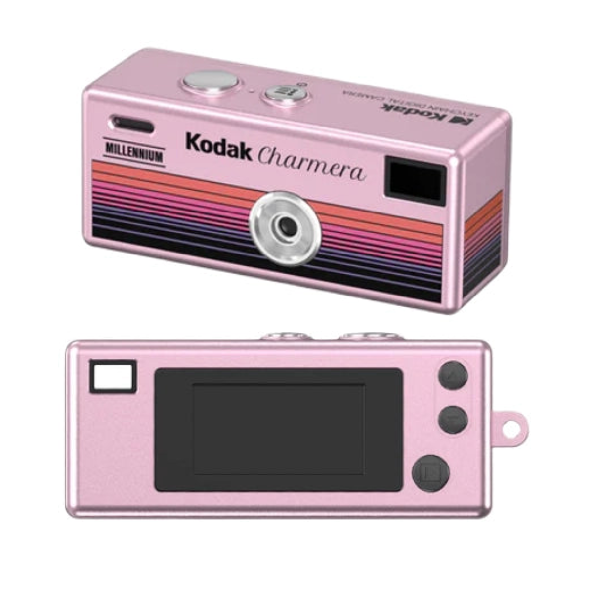Cámara digital Kodak Charmera rosa con franjas coloridas y pantalla LCD.