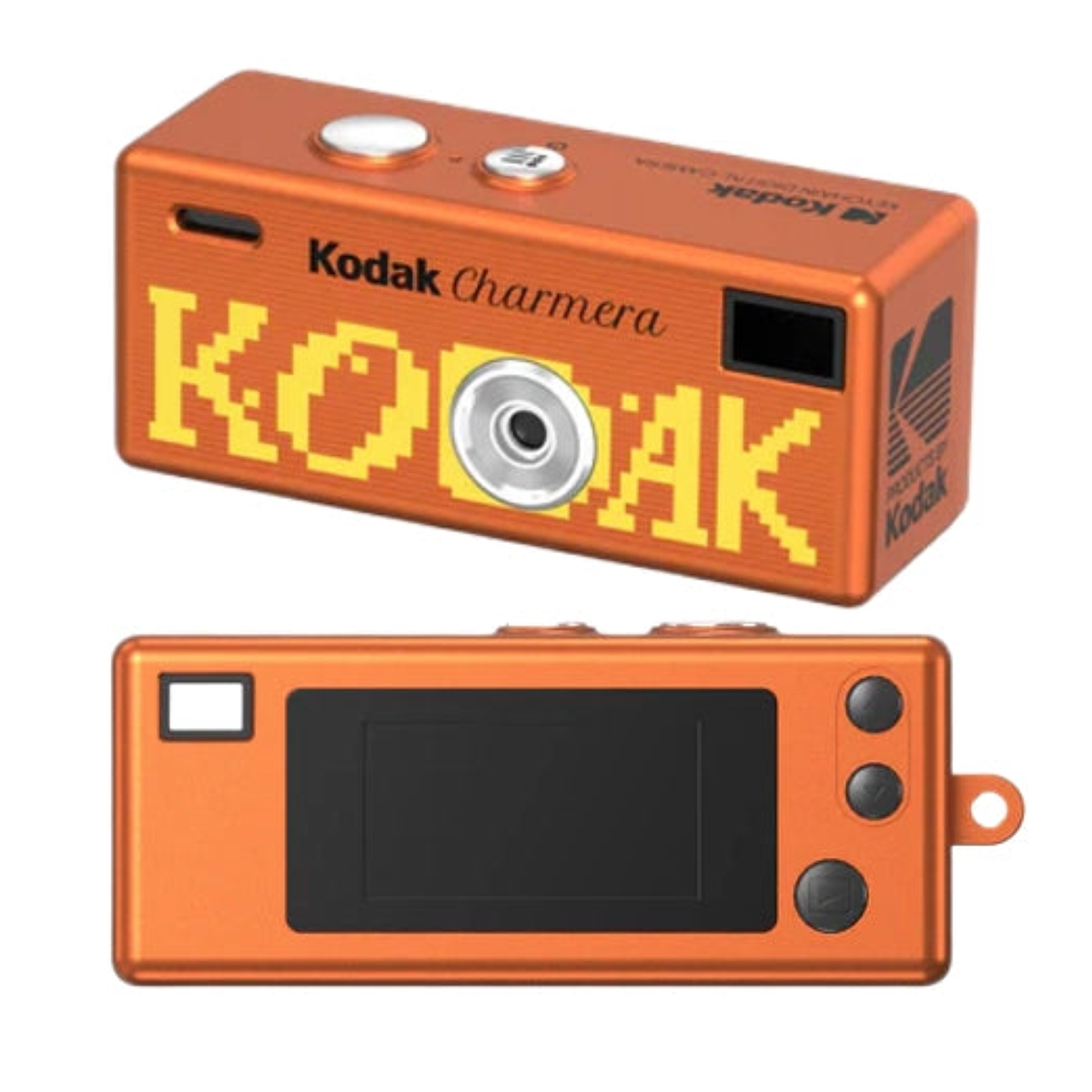 Cámara digital Kodak Charmera naranja con texto de píxeles amarillos, vista frontal y trasera.