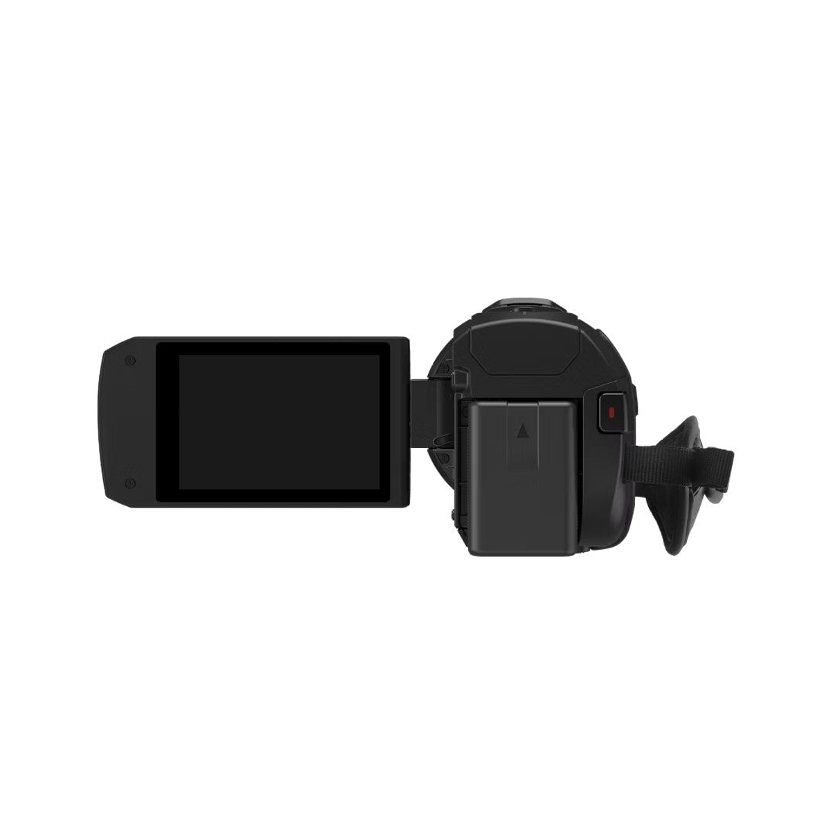 A black video camera with an open display and hand strap against a white background.
