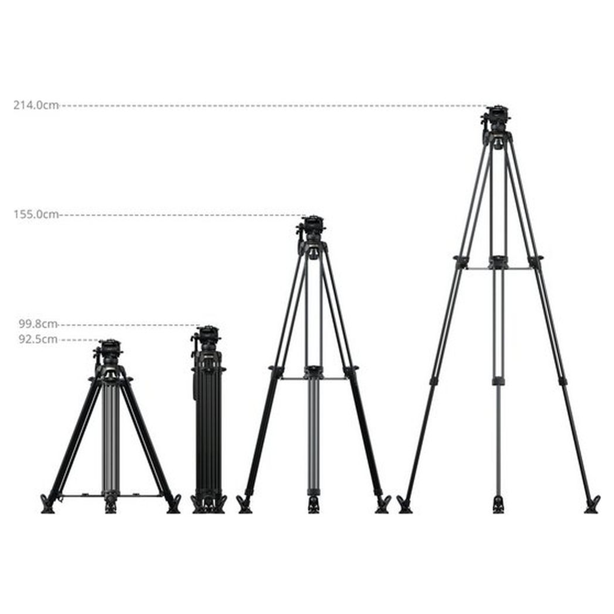 Vier schwarze Stative in verschiedenen Höhen mit Messlinien von 92,5 cm bis 214,0 cm.