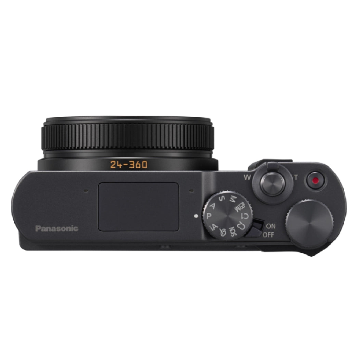 Top view of a black Panasonic camera showing dials, lens, and shutter button.