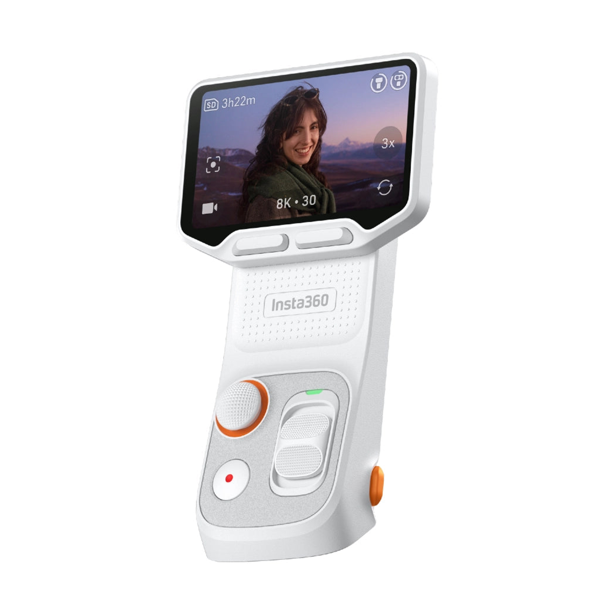 Un controller portatile Insta360 bianco con uno schermo che mostra una donna in un paesaggio montano.