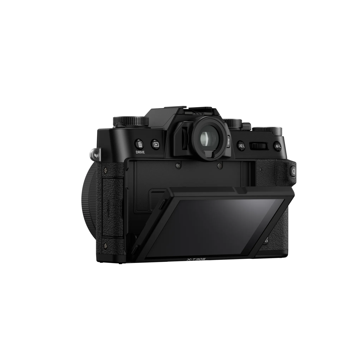 Schwarze Digitalkamera von hinten, mit ausgeklapptem Bildschirm und sichtbaren Bedienelementen.