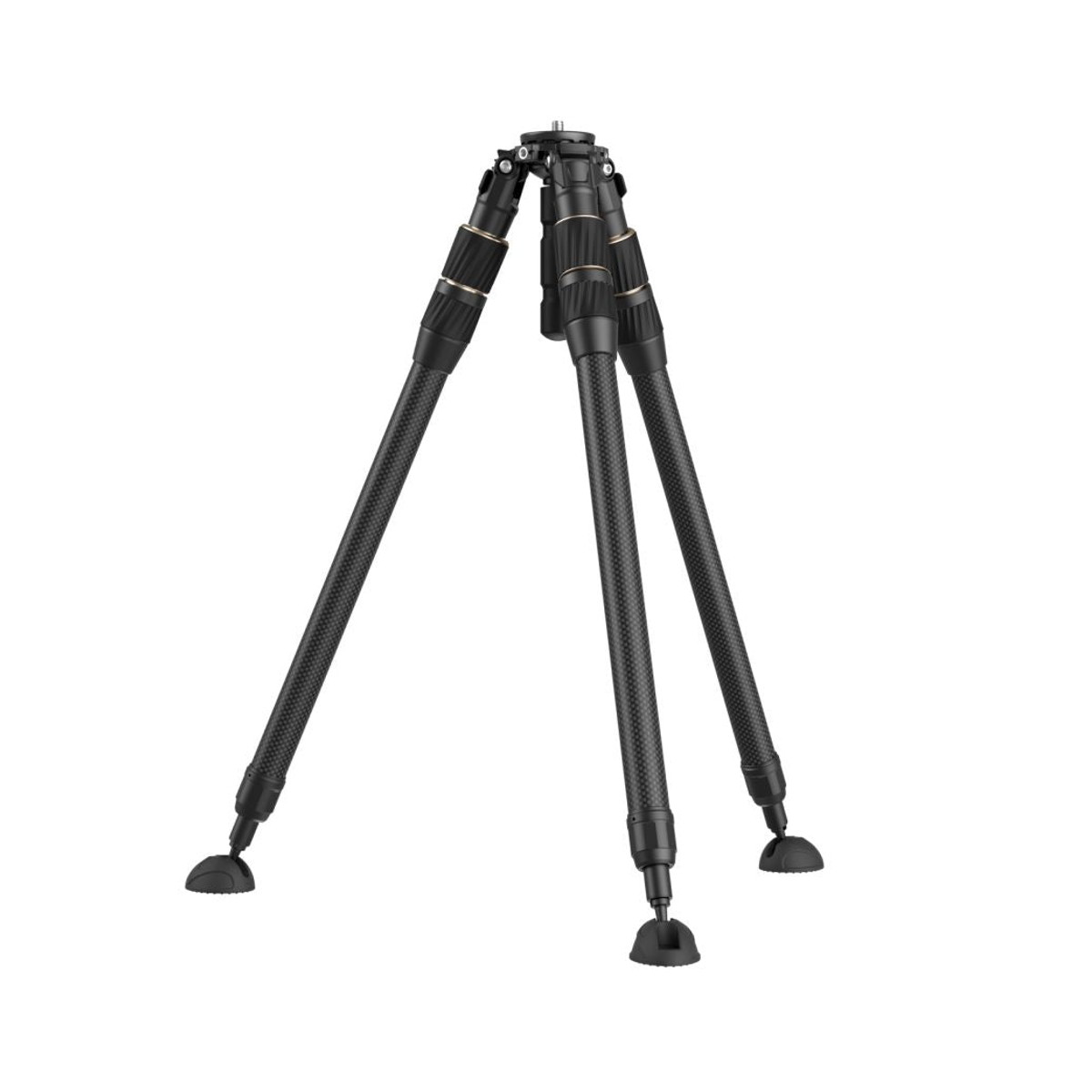 Ein schwarzes Carbon-Stativ mit drei Beinen und drehbaren Verschlüssen auf weißem Hintergrund.
