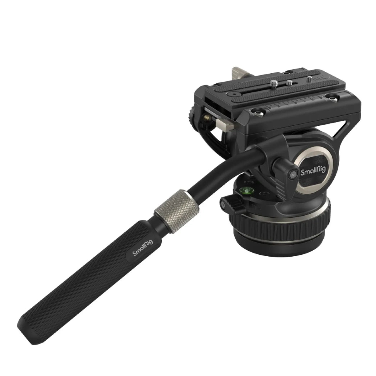 Ein schwarzer SmallRig-Stativkopf mit langem Griff, Einstellknöpfen und Schnellverschlussplatte auf weißem Grund.