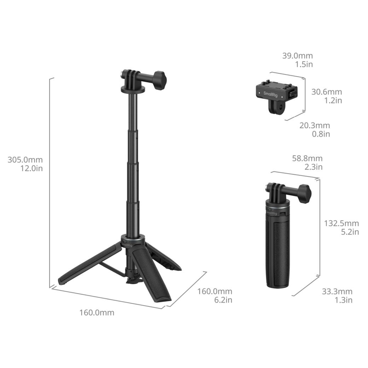 Schwarzes Mini-Stativ mit ausziehbarer Stange und Größenangaben.