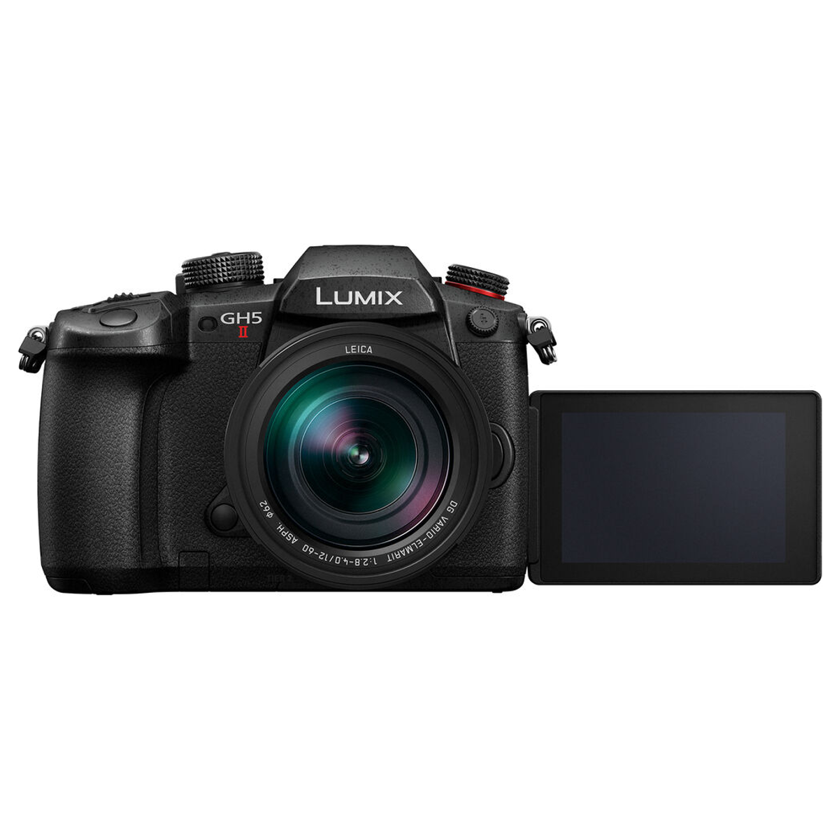 Czarny bezlusterkowiec Panasonic Lumix GH5 II z obiektywem Leica i rozłożonym ekranem na białym tle.