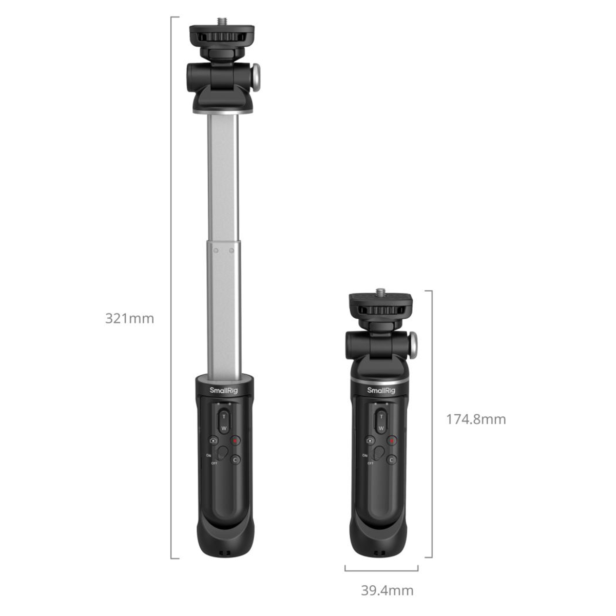 Due treppiedi SmallRig grigi: uno esteso a 321 mm e uno compatto di 174,8 mm di altezza per 39,4 mm di larghezza.