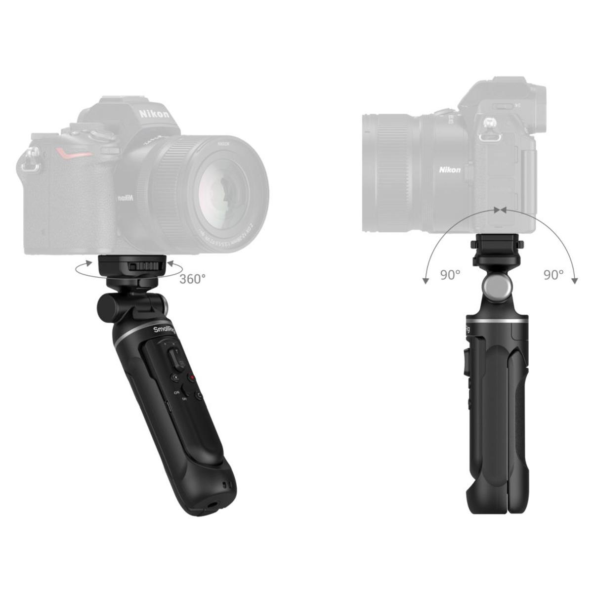 Fotocamera Nikon su treppiede SmallRig, con rotazione a 360 gradi e inclinazione a 90 gradi.