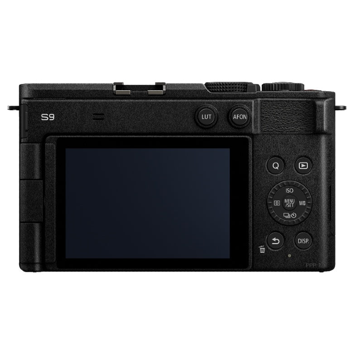 Widok z tyłu czarnego aparatu Panasonic Lumix S9 z ekranem LCD, przyciskami i pokrętłami.