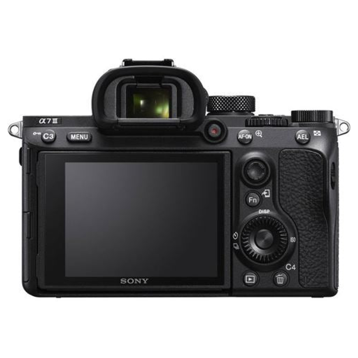 Rückansicht einer schwarzen Sony Alpha 7 III Systemkamera mit LCD-Bildschirm, Sucher und Bedienelementen.