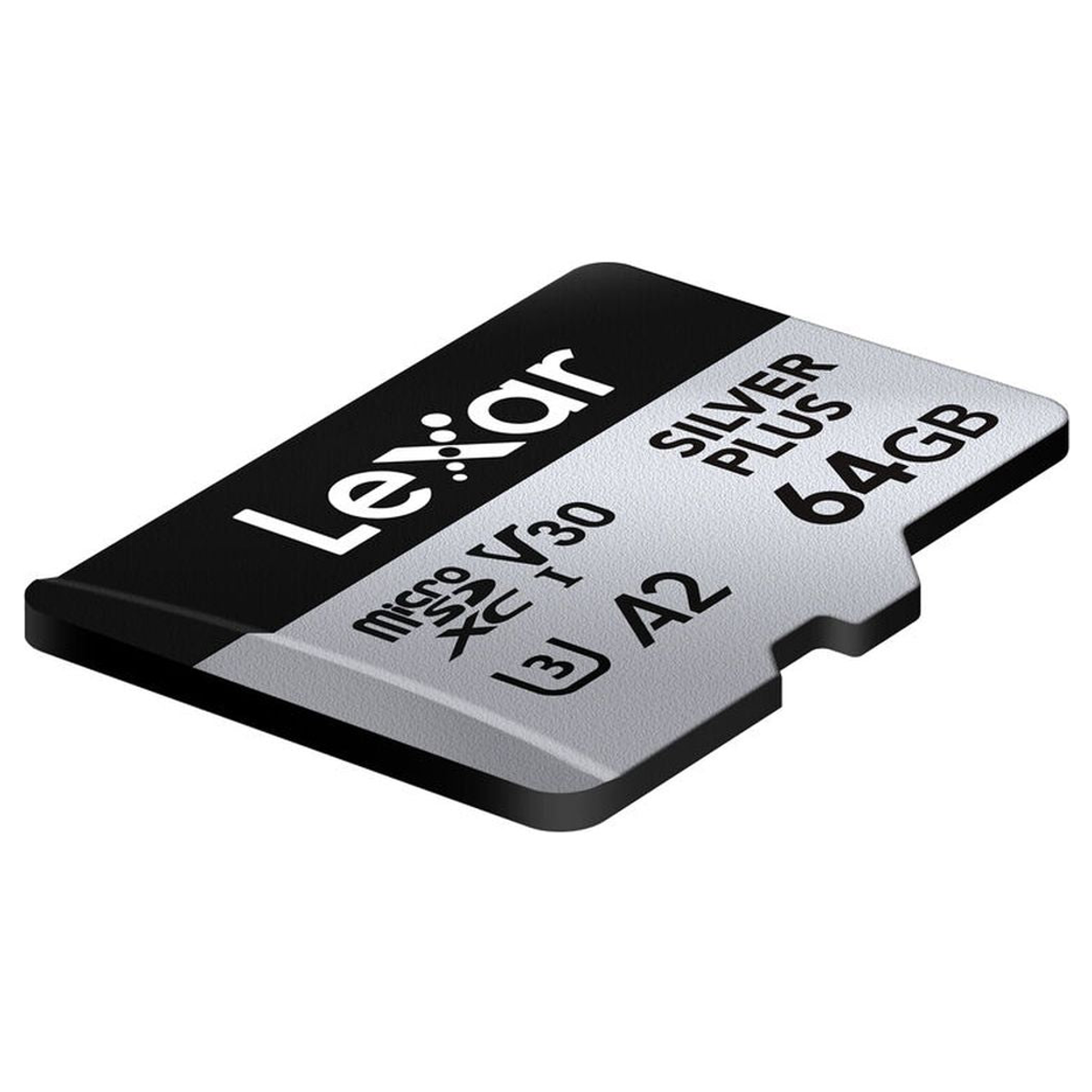 Tarjeta de memoria MicroSD Lexar Silver Plus de 64 GB con clasificaciones V30 y A2.