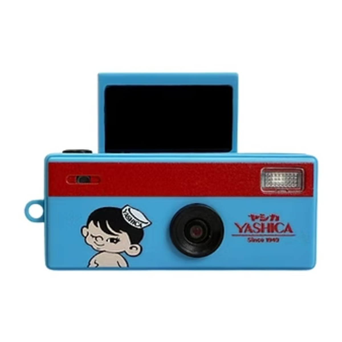 Eine blau-rote Yashica-Digitalkamera mit Comicfiguren-Grafik, zentraler Linse und einem Pop-up-Bildschirm.