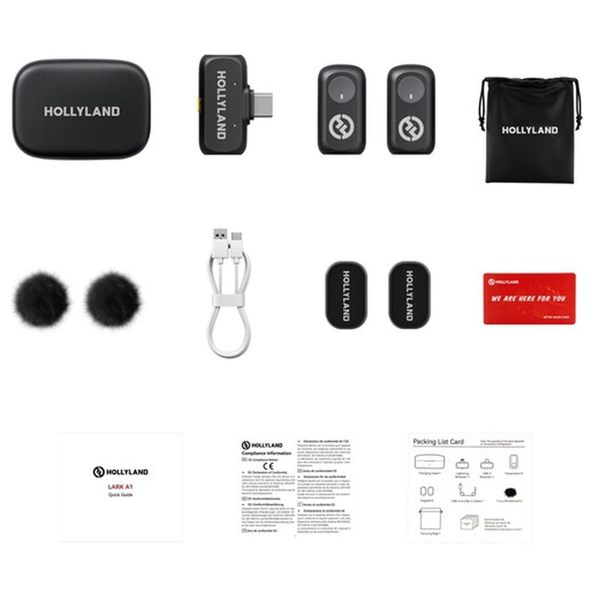Kit de micrófono Hollyland con estuche de carga, receptores, transmisores, antivientos, cables y manuales en fondo blanco.