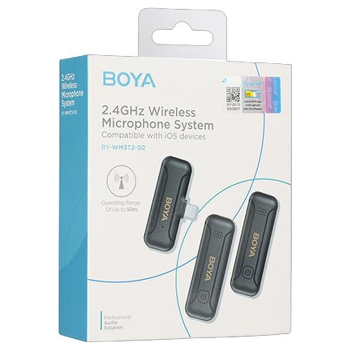 Caja de producto de un sistema de micrófono inalámbrico Boya de 2.4GHz con dos transmisores negros.