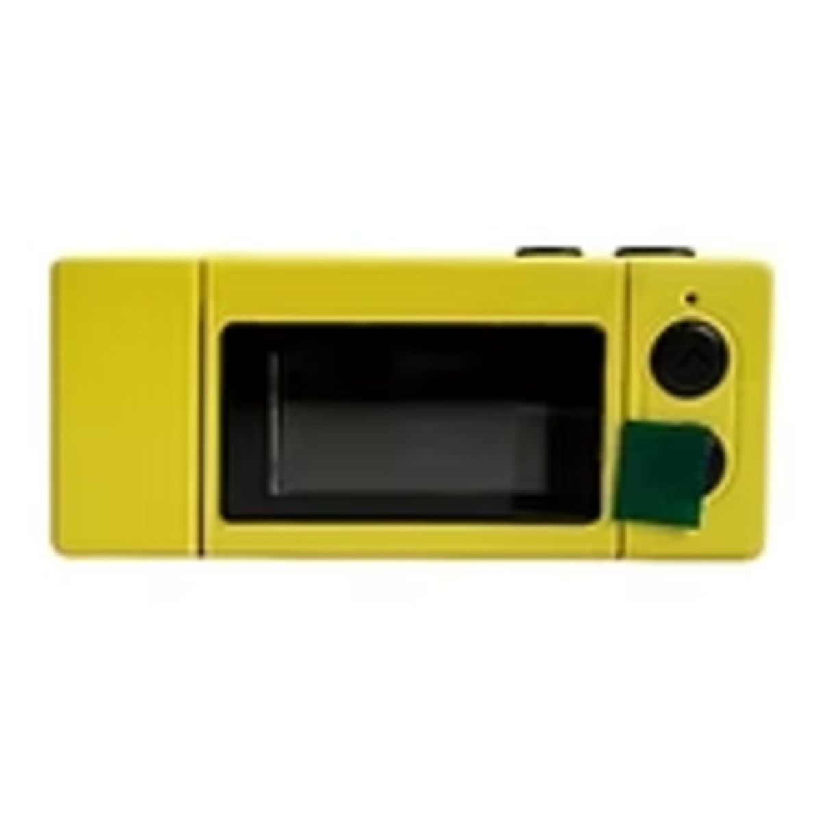 Un appareil électronique à main jaune avec un écran noir et deux boutons ronds à droite sur fond blanc.