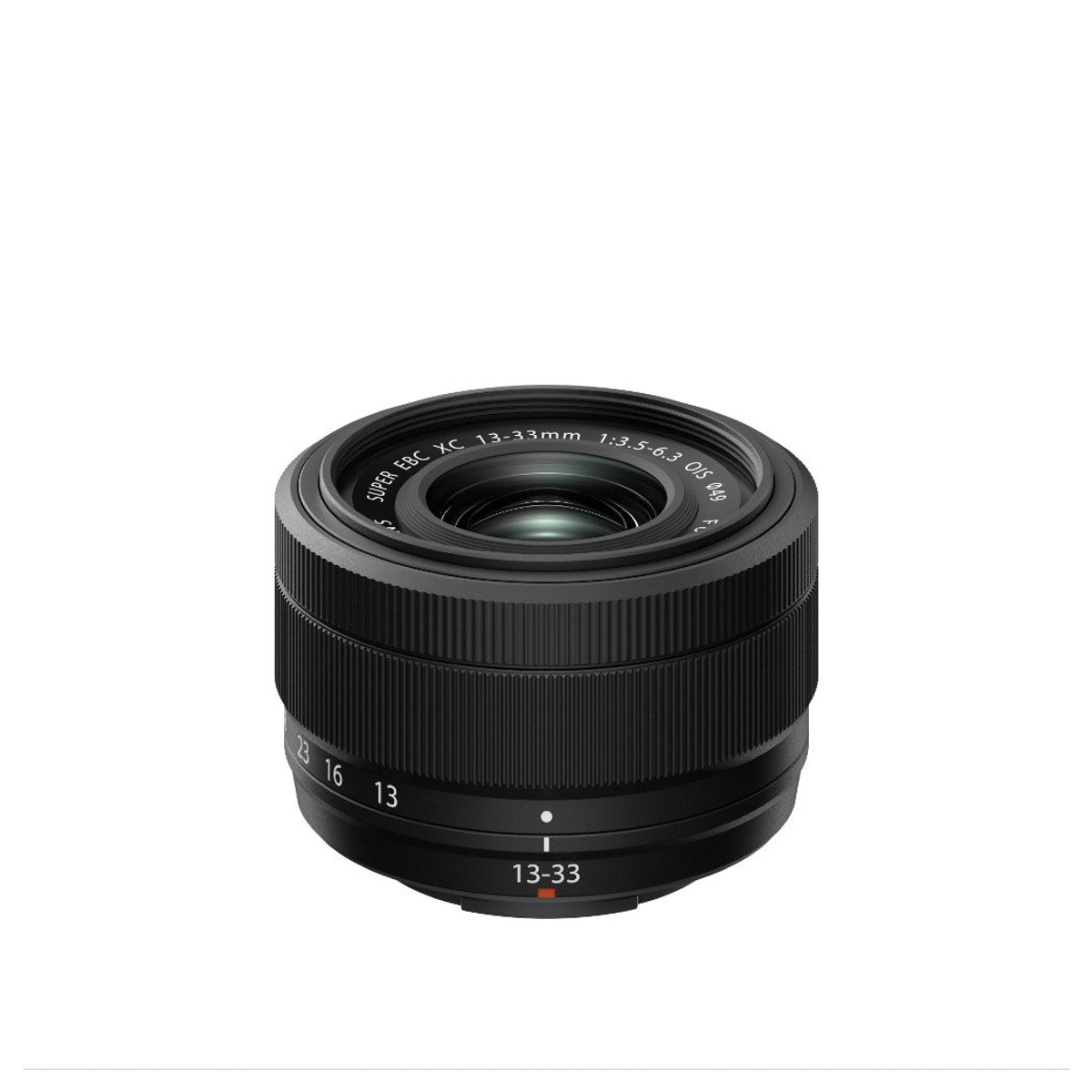 Schwarzes 13-33mm Kameraobjektiv mit gerippten Ringen und weißer Beschriftung auf weißem Hintergrund.