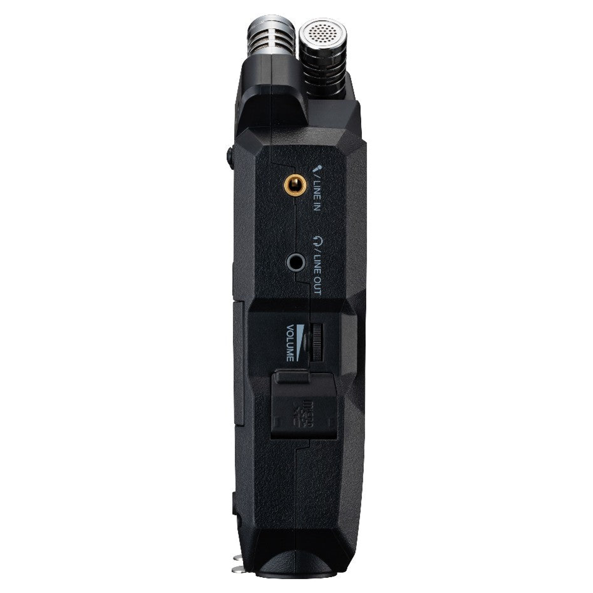 Seitenansicht eines schwarzen mobilen Audiorecorders mit zwei Mikrofonen, Line-In, Line-Out, Lautstärkerad und SD-Slot.