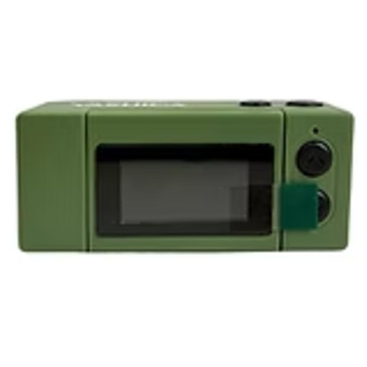 Un appareil électronique vert mat avec un écran rectangulaire et des boutons noirs sur le côté droit.