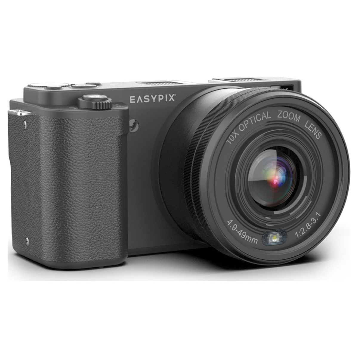 Eine schwarze Easypix-Kamera mit einem 10x optischen Zoomobjektiv steht auf weißem Hintergrund.