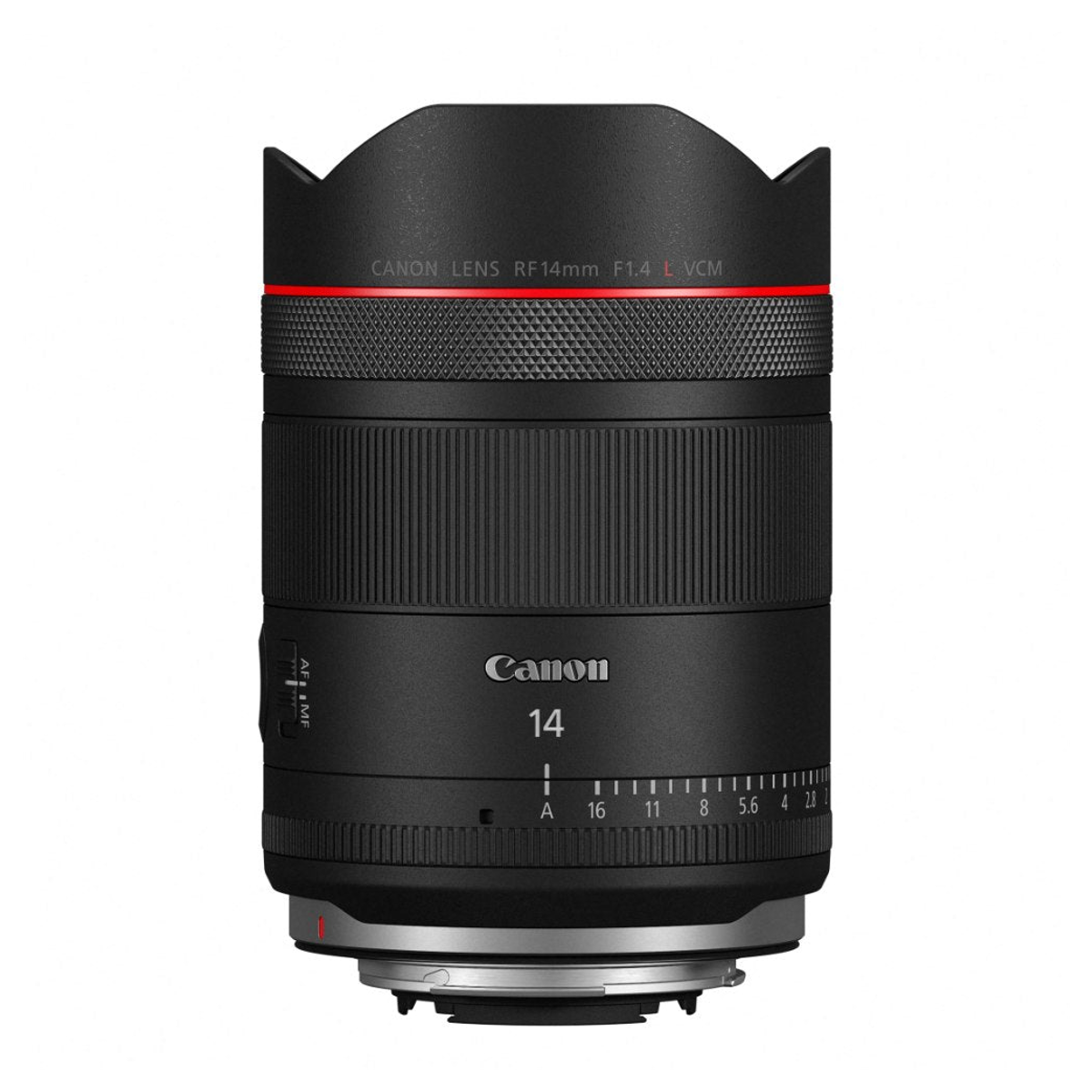 Schwarzes Canon RF 14mm F1.4 L VCM Objektiv mit Fokusring und rotem Ring auf weißem Hintergrund.