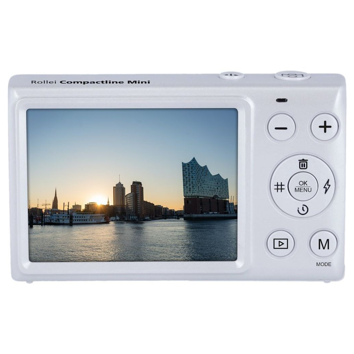Weiße Rollei Compactline Mini Digitalkamera mit Bildschirm, der den Hamburger Hafen bei Sonnenuntergang zeigt.