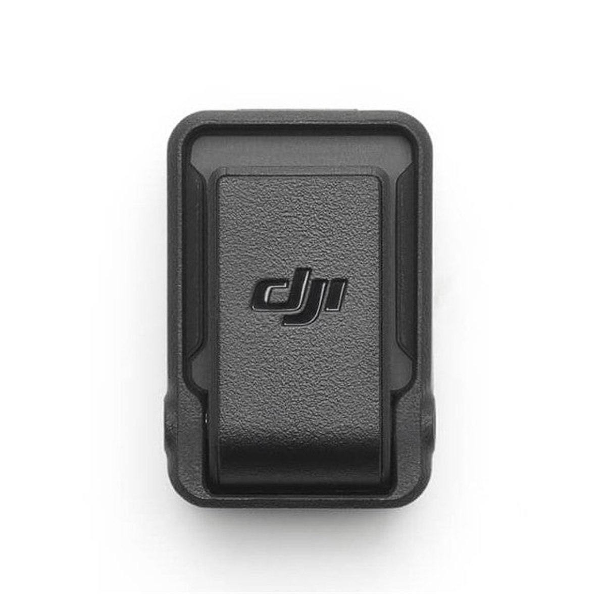 Czarny, prostokątny klips DJI z teksturowaną powierzchnią i wytłoczonym logo na białym tle.