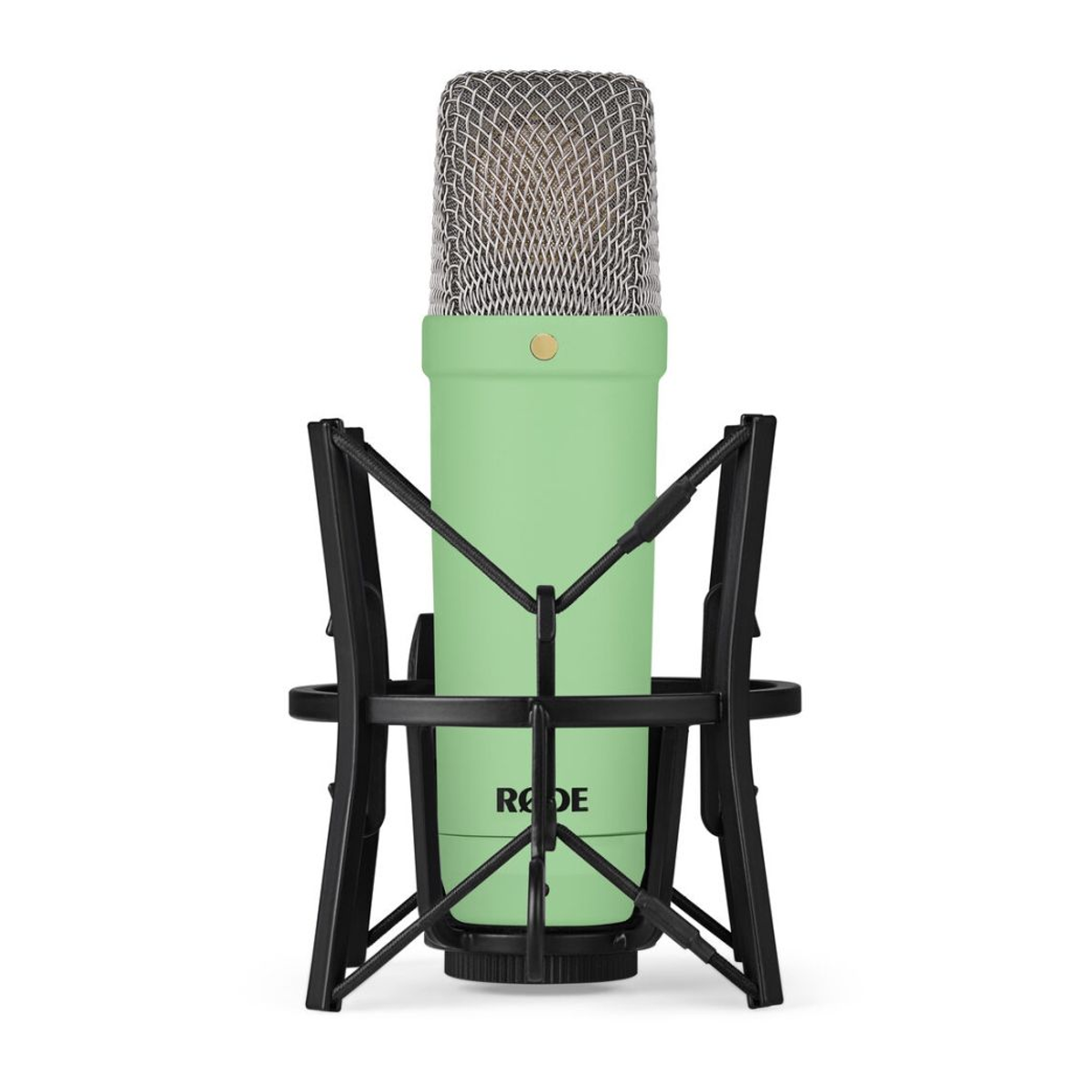 A light green Rode studio microphone with a silver grille mounted in a black shock mount on a white background.