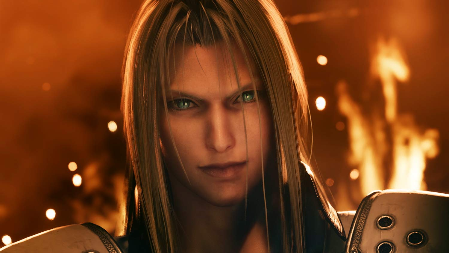 Nahaufnahme von Sephiroth mit langen silbernen Haaren und grünen Augen vor einem feurigen Hintergrund.