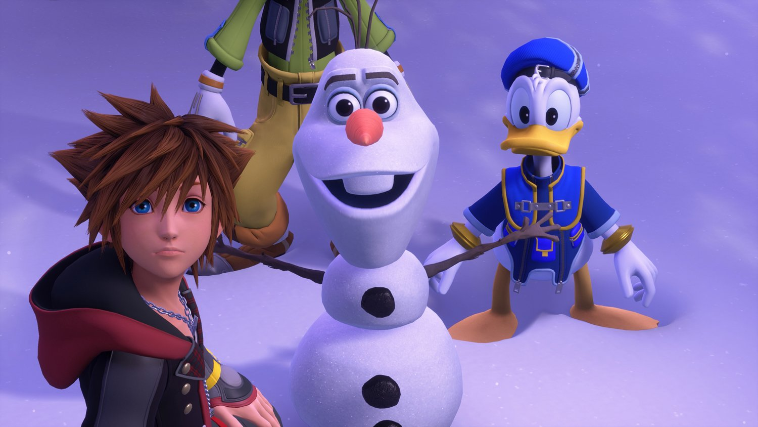 Sora, Olaf, Goofy und Donald Duck stehen zusammen in einer winterlichen Umgebung.