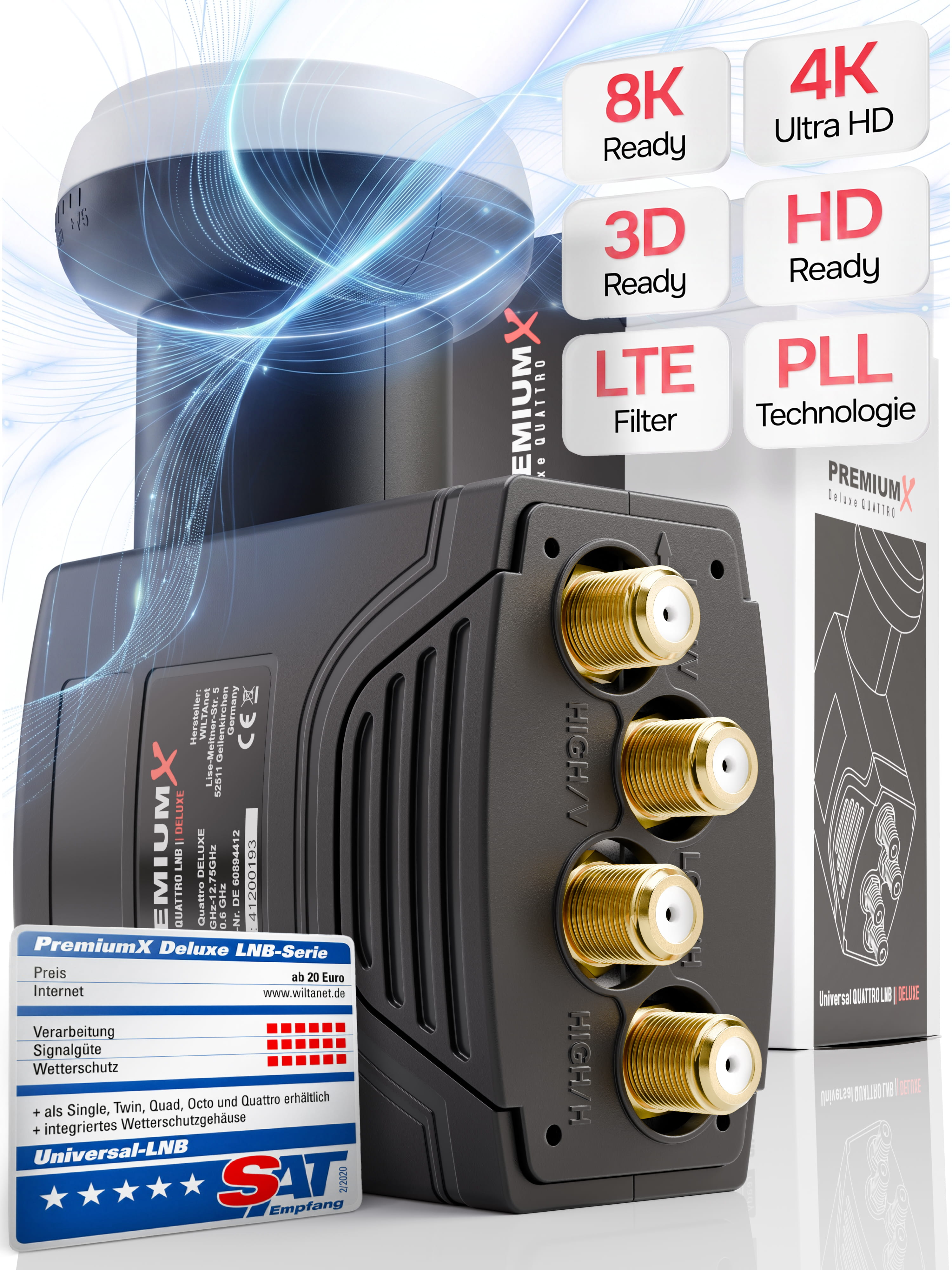 PremiumX LNB mit vier goldenen Anschlüssen und Box mit Funktionssymbolen.