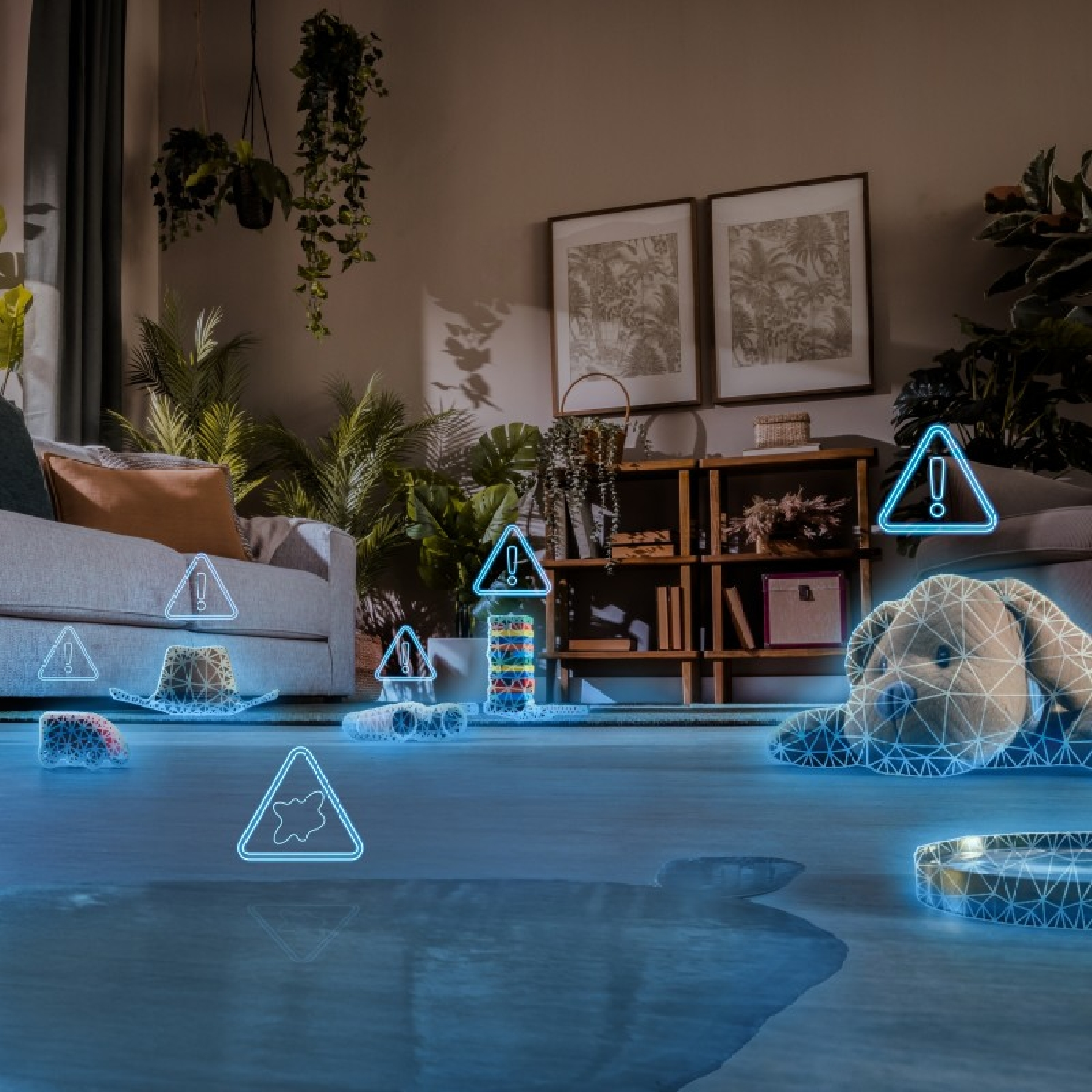 Sala de estar con obstáculos marcados en azul y un gran charco en el suelo.