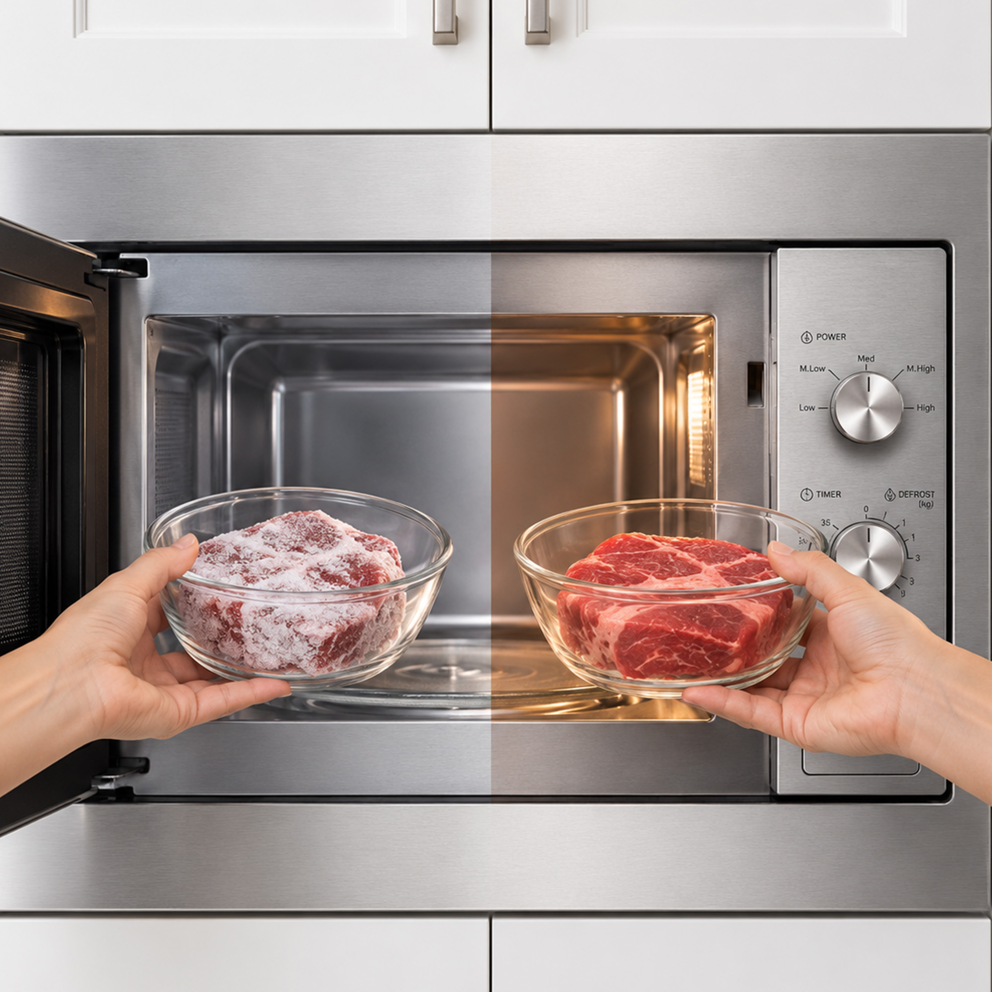 Comparison of frozen and thawed meat in a glass bowl in front of a microwave.
