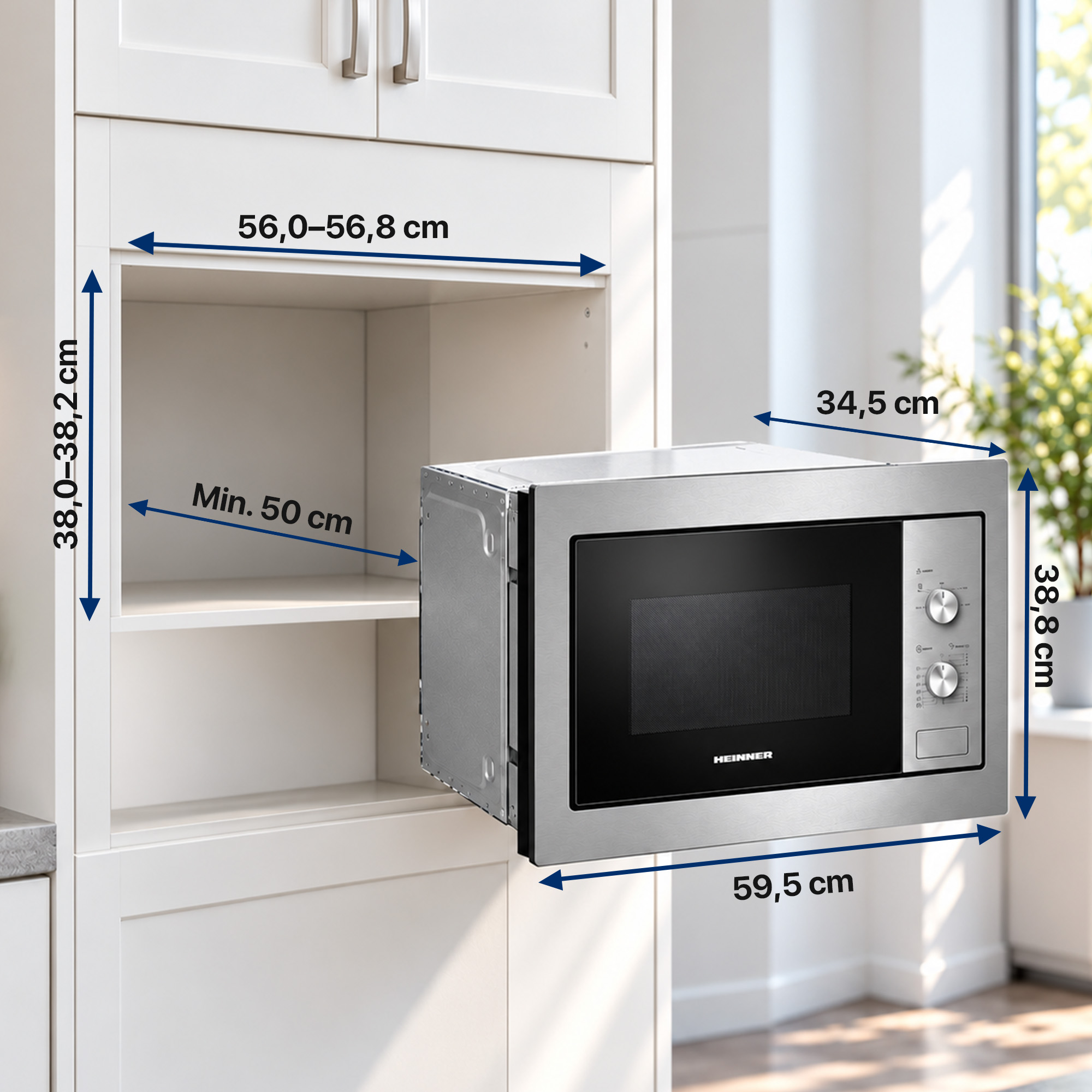 Installation dimensions of a Heinner microwave in a kitchen cabinet.