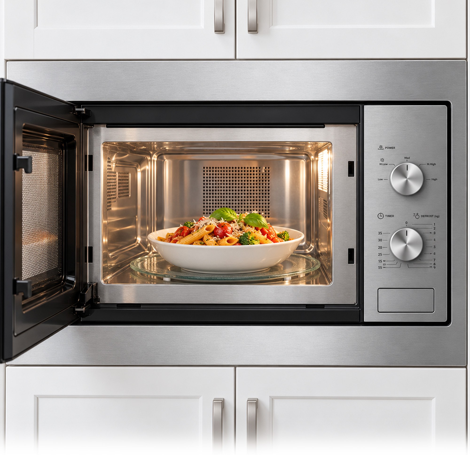 An open stainless steel microwave with a bowl of pasta and vegetables on the glass turntable.