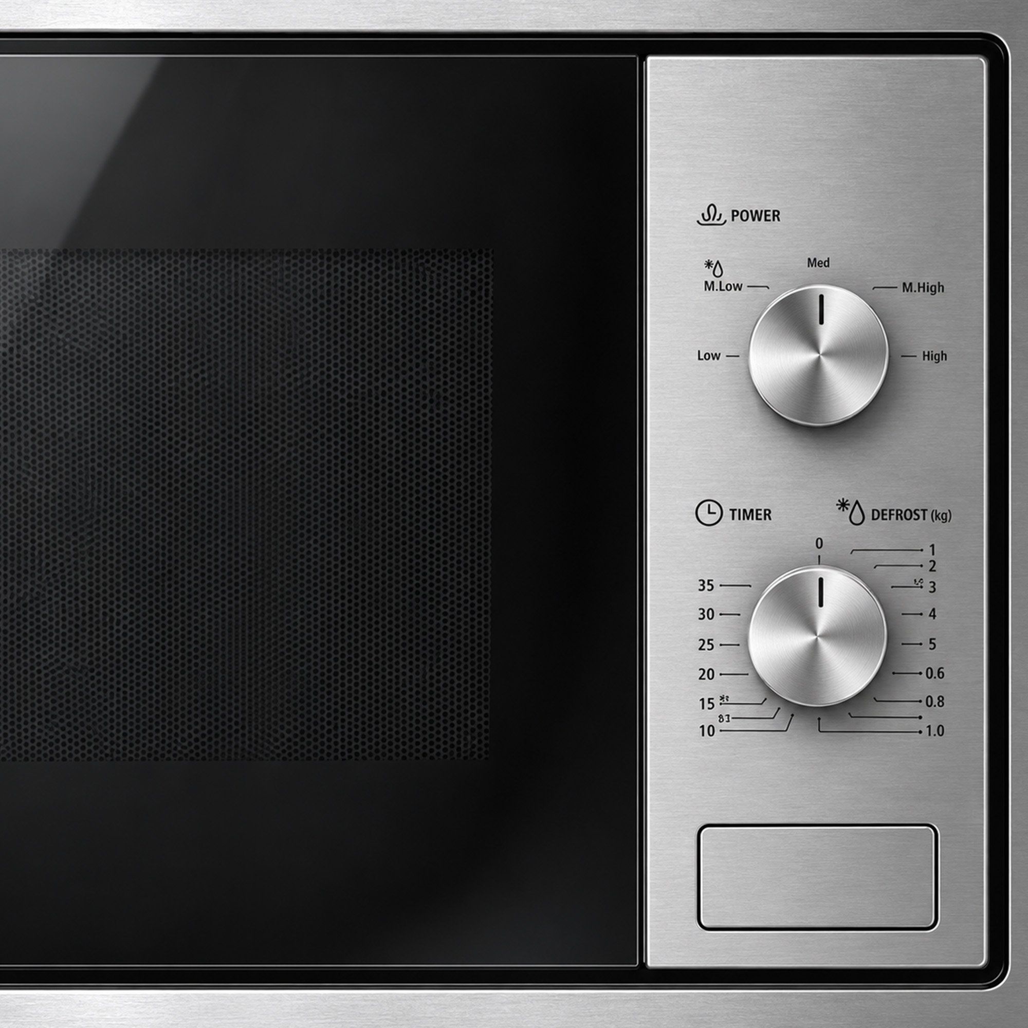 Stainless steel microwave control panel with two rotary knobs and a button to the right of the dark glass door.