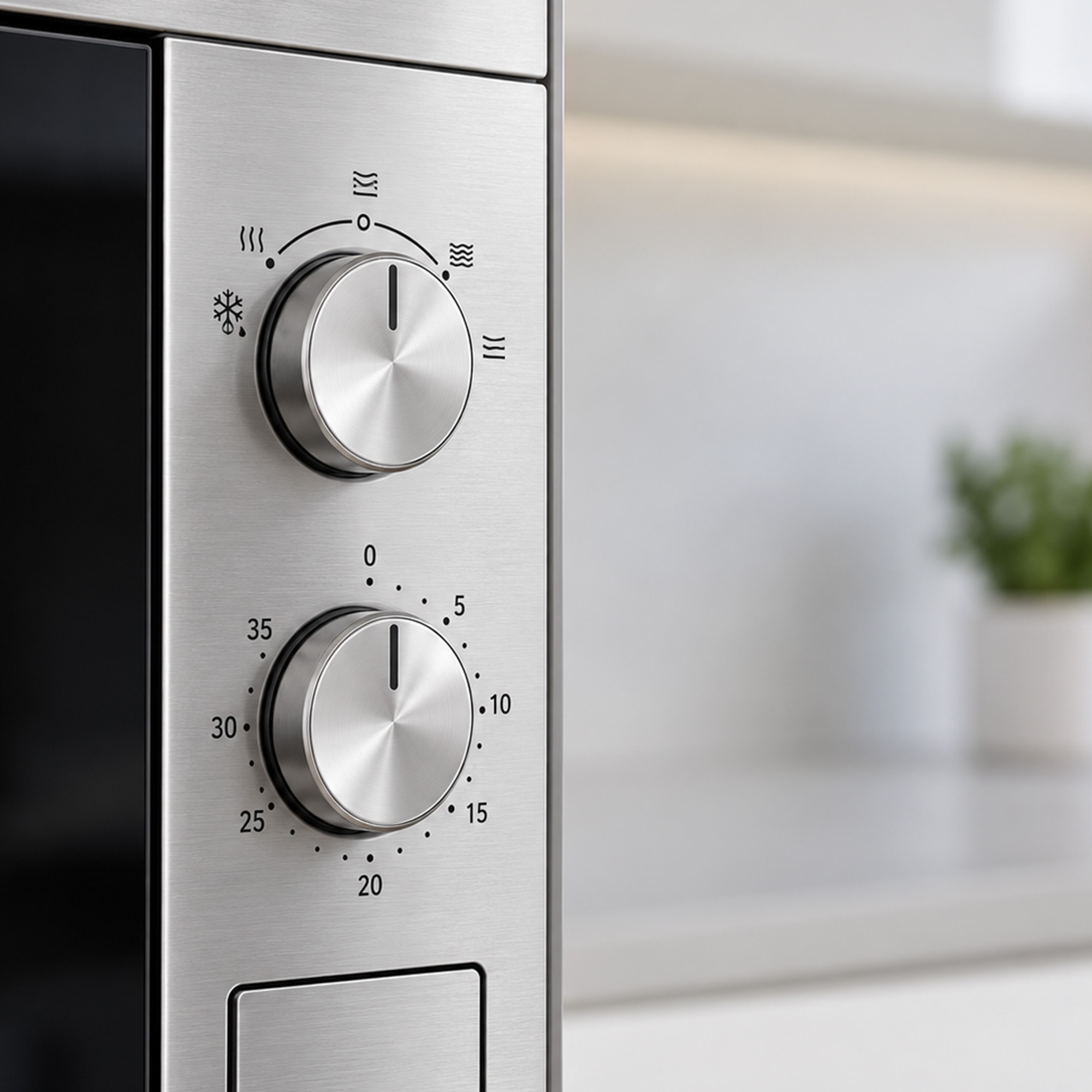 Stainless steel control panel of an appliance with two round dials for functions and timer in a kitchen.