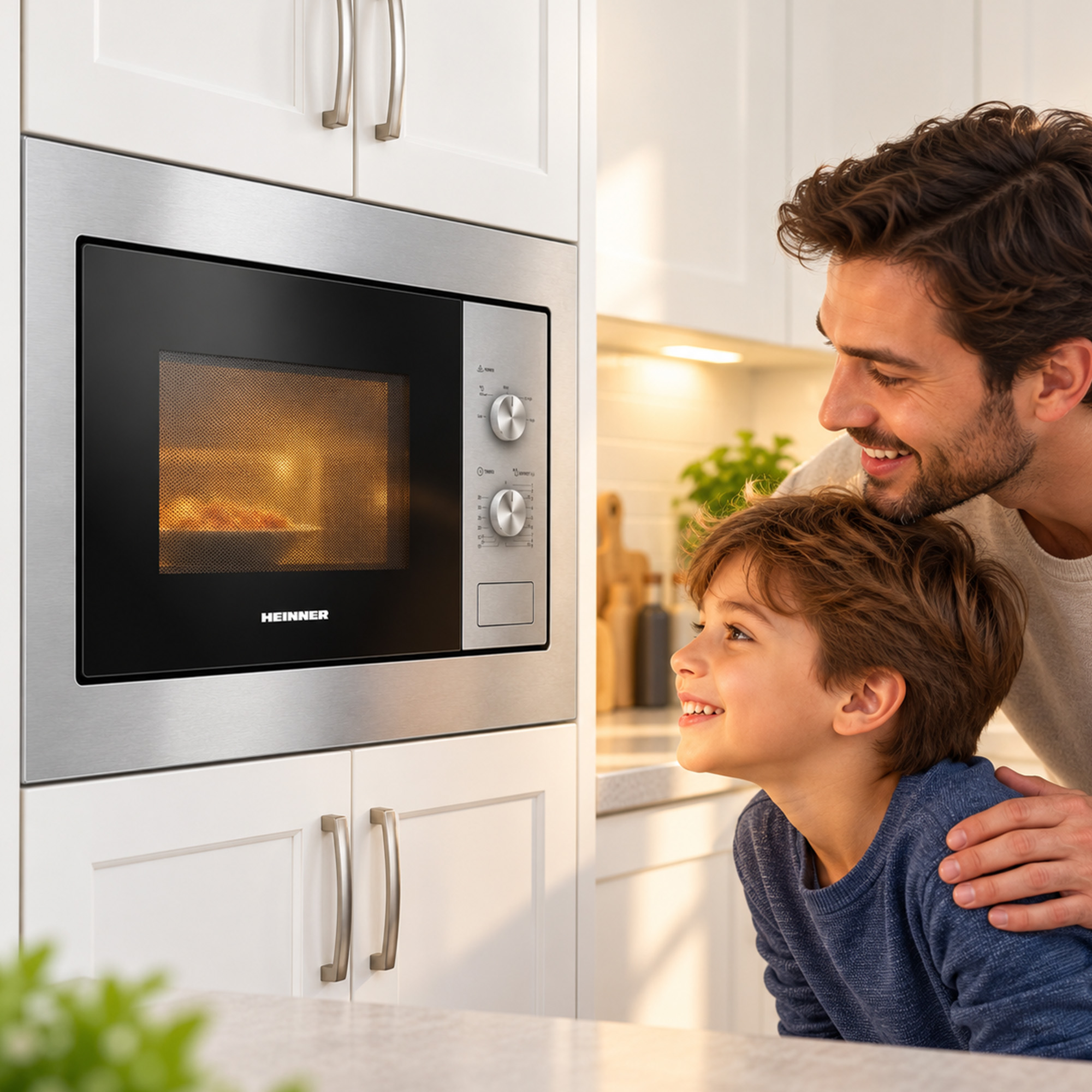 A smiling father and son look inside a lit, built-in Heinner microwave oven in a bright kitchen.
