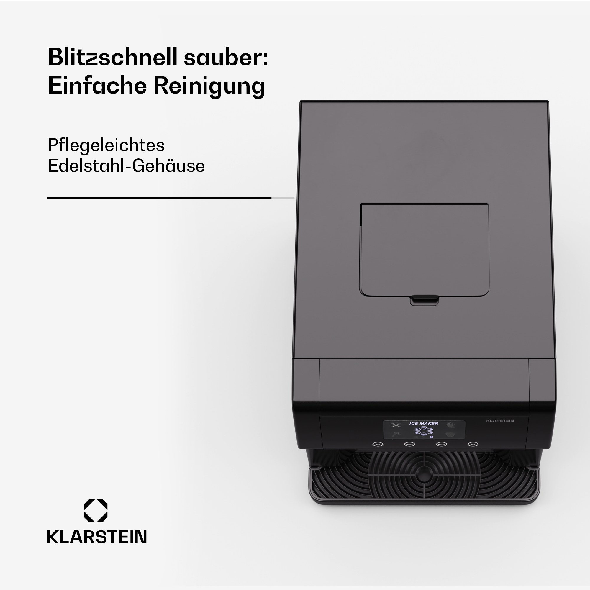 Draufsicht einer grauen Klarstein Eismaschine mit integriertem Edelstahlgehäuse und digitalem Bedienfeld.