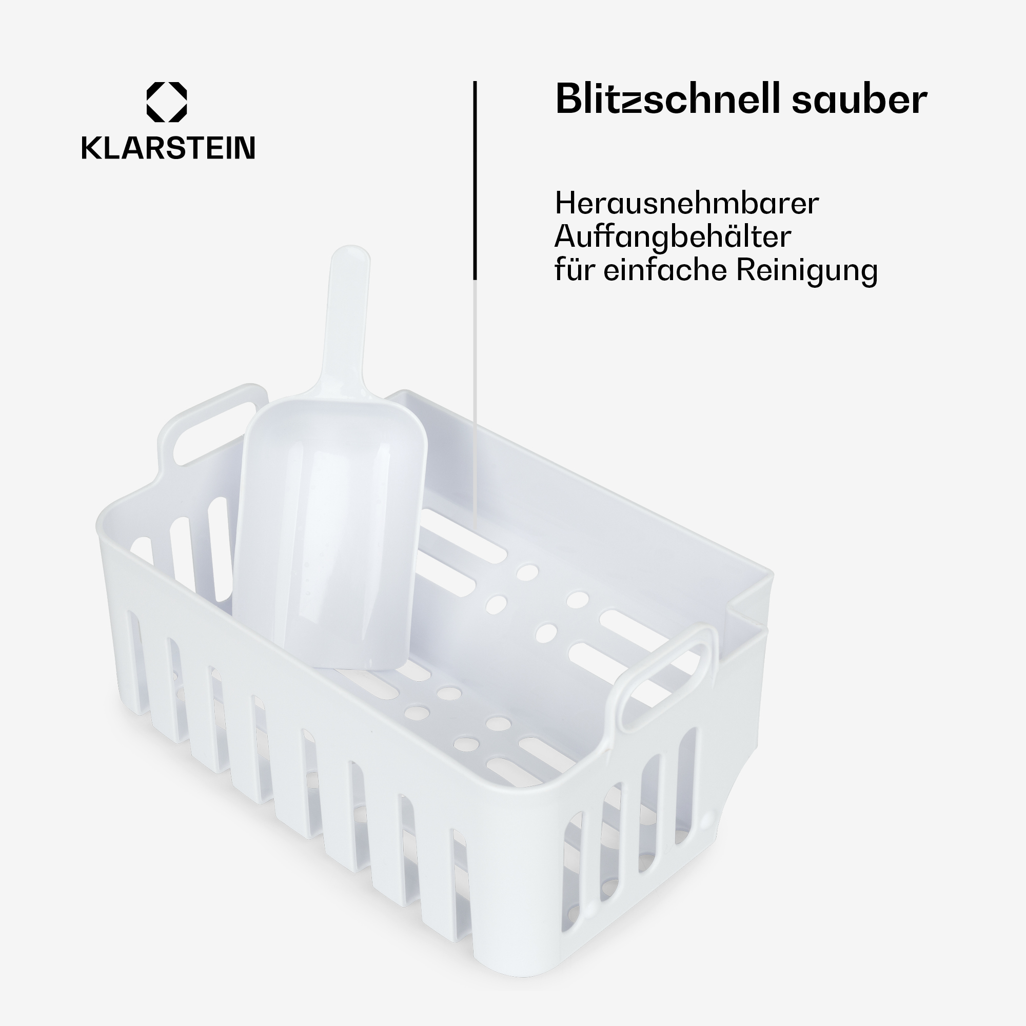 Weisser Plastikkorb mit Schaufel und Klarstein Logo auf hellem Hintergrund.