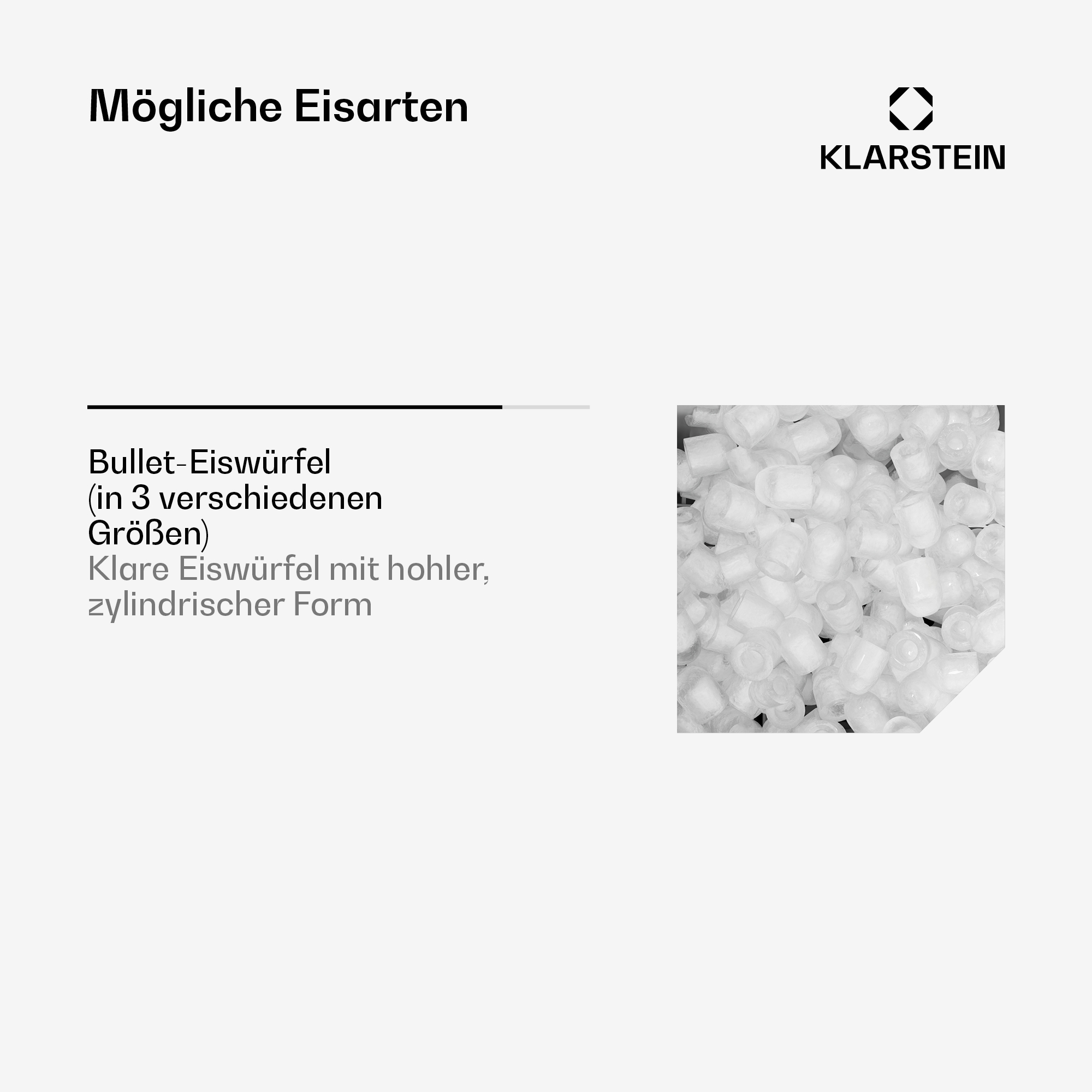 Klarstein-Infografik zeigt klare, hohle, zylindrische Bullet-Eiswürfel in drei Größen.