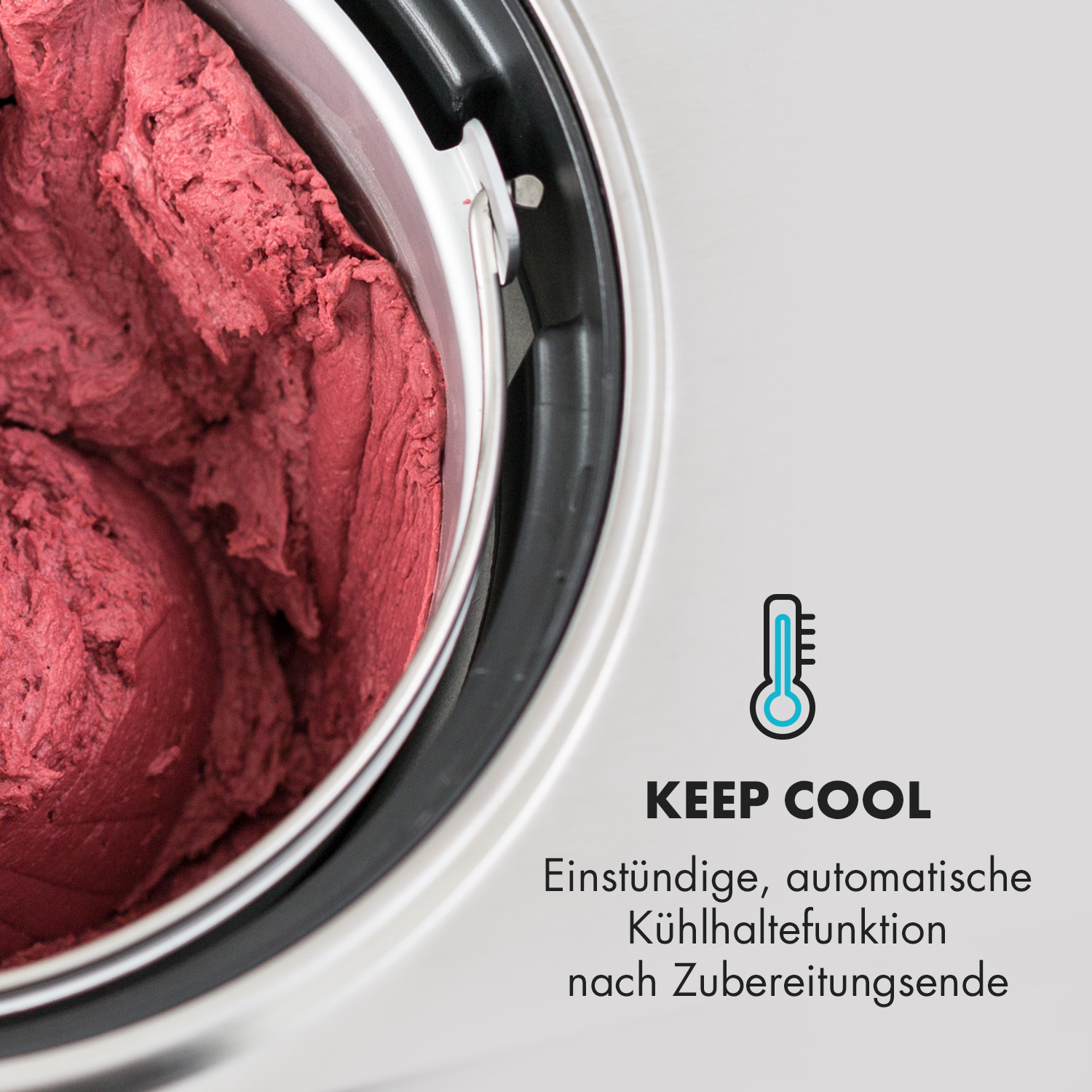 Eisbereiter mit rotem Eis, Thermometersymbol und Text Keep Cool.