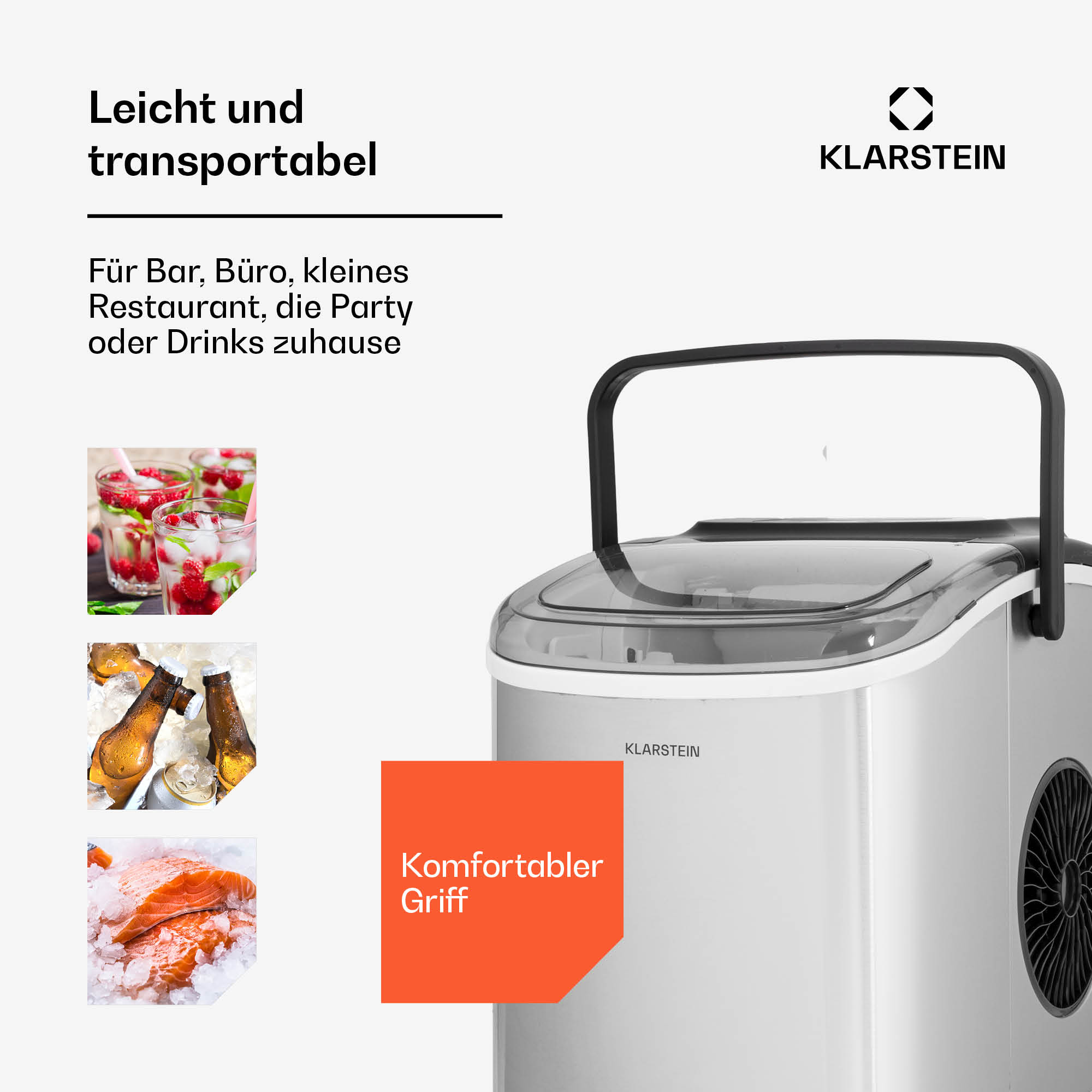 Silberne Klarstein Eismaschine mit Griff, deutschem Text und drei kleinen Einsatzfotos mit Getränken und Fisch.