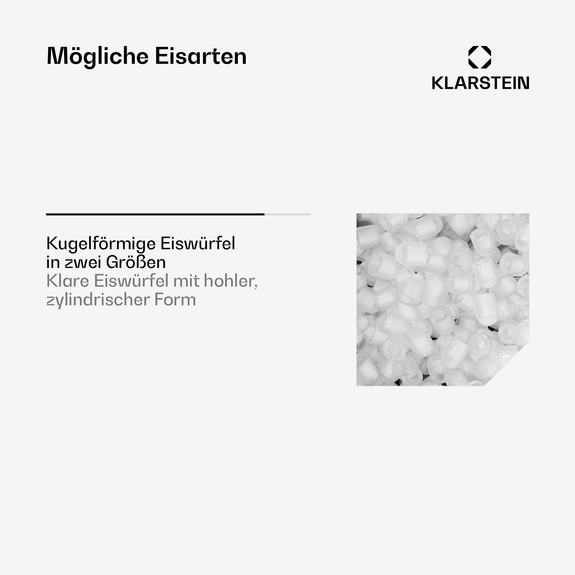 Klarstein-Grafik zeigt hohle, zylindrische Eiswürfel und deutschen Text.