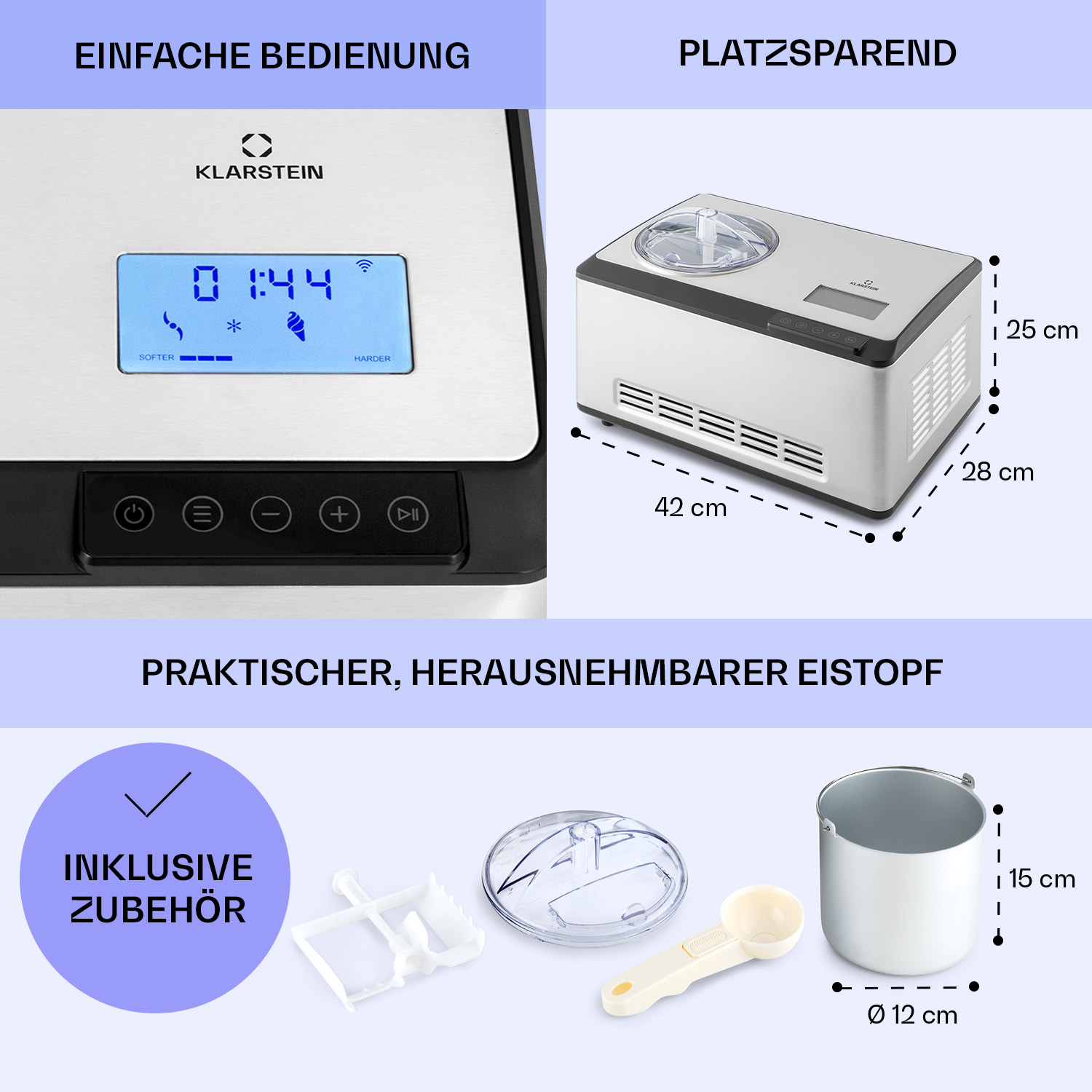 Klarstein Eismaschine mit LC-Display, kompakten Maßen und Zubehör wie Eistopf, Schaufel und Deckel.