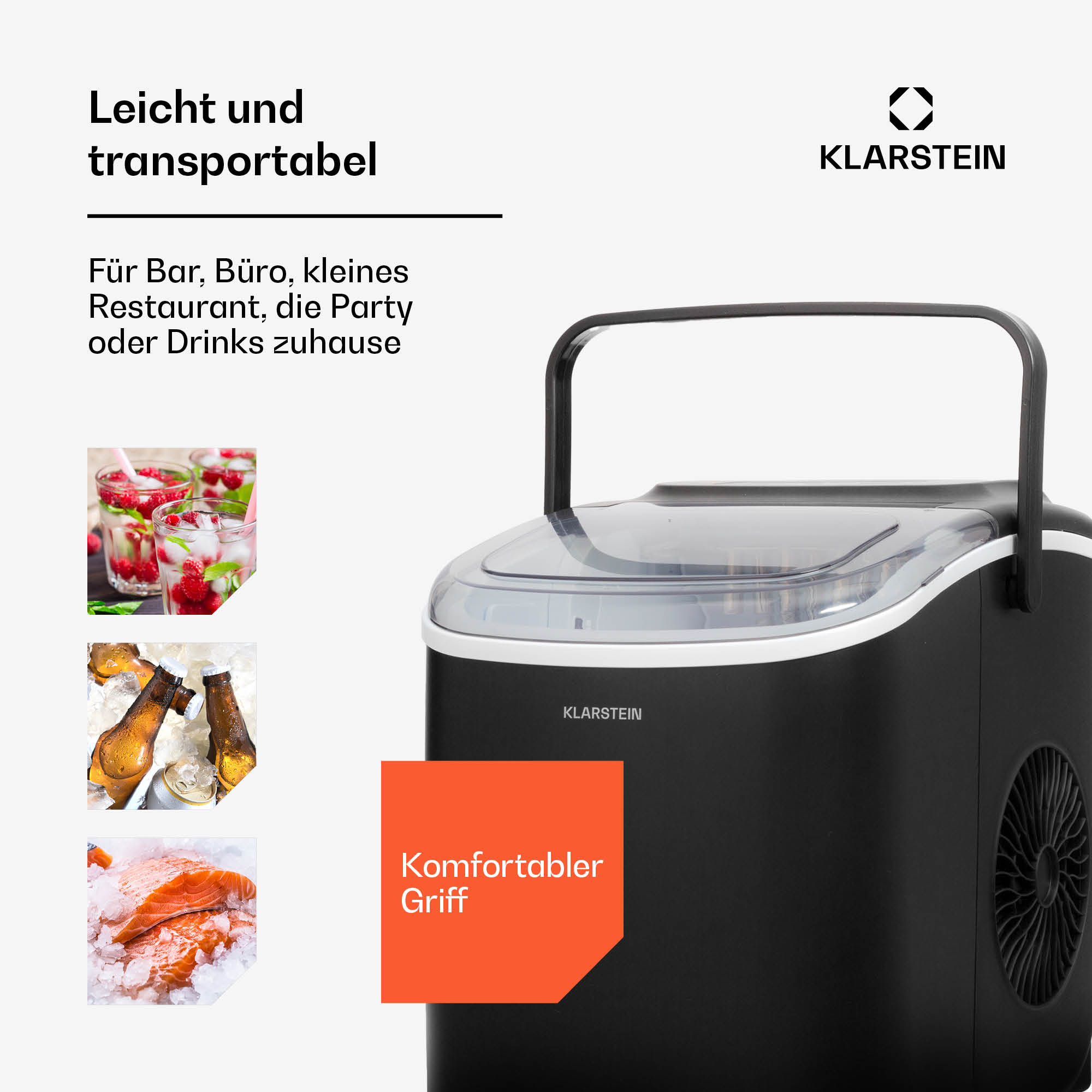 Schwarze Klarstein Eismaschine mit Griff und Grafiken von Getränken und Lachs auf Eis.