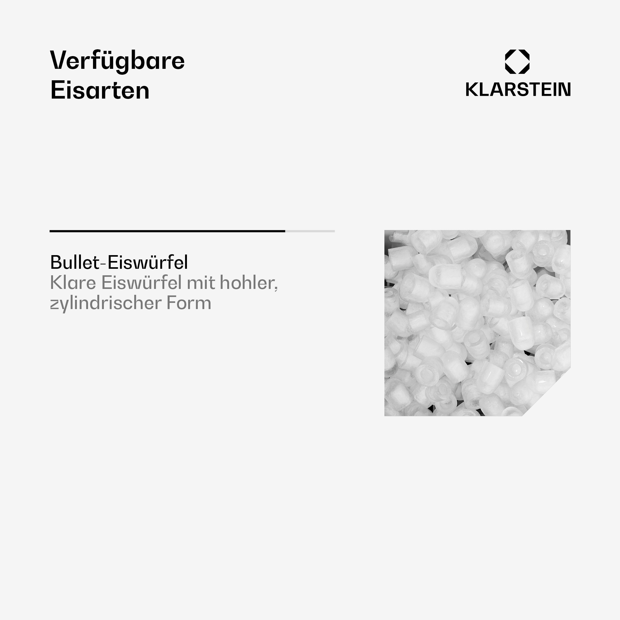 Klarstein-Grafik zeigt zylindrische Bullet-Eiswürfel mit Text.
